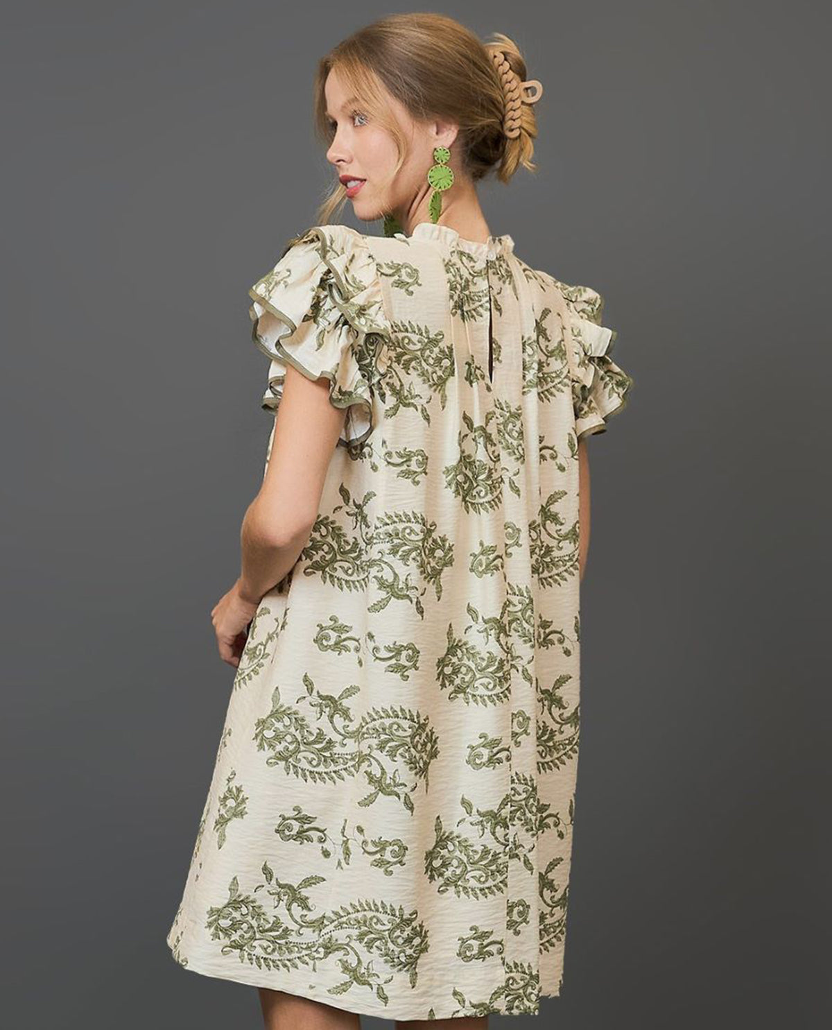Paisley Print Mini Dress with Ruffle Cap Sleeves