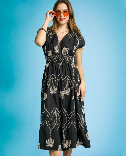 Collar Midi Dress with Palm Trees