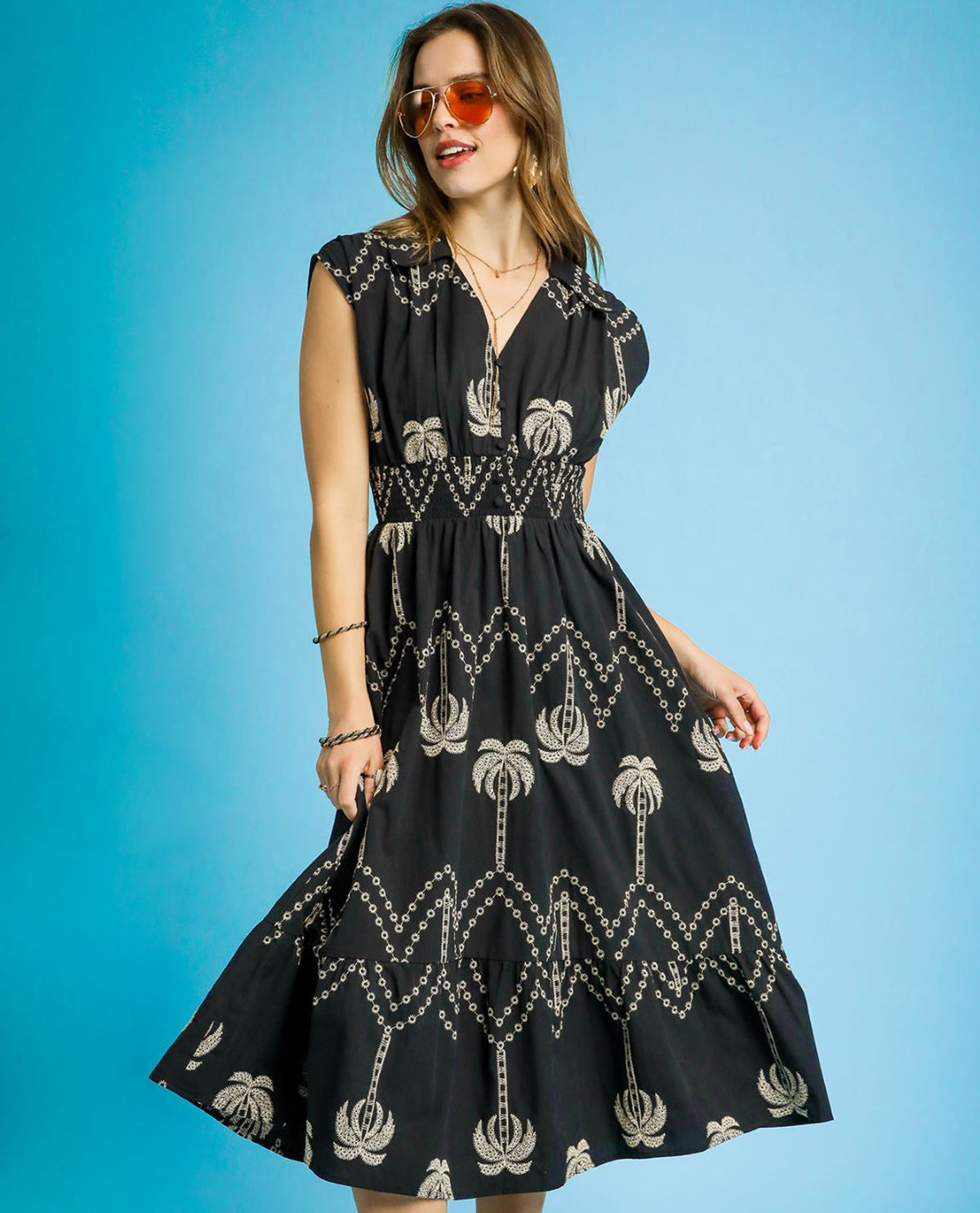 Collar Midi Dress with Palm Trees