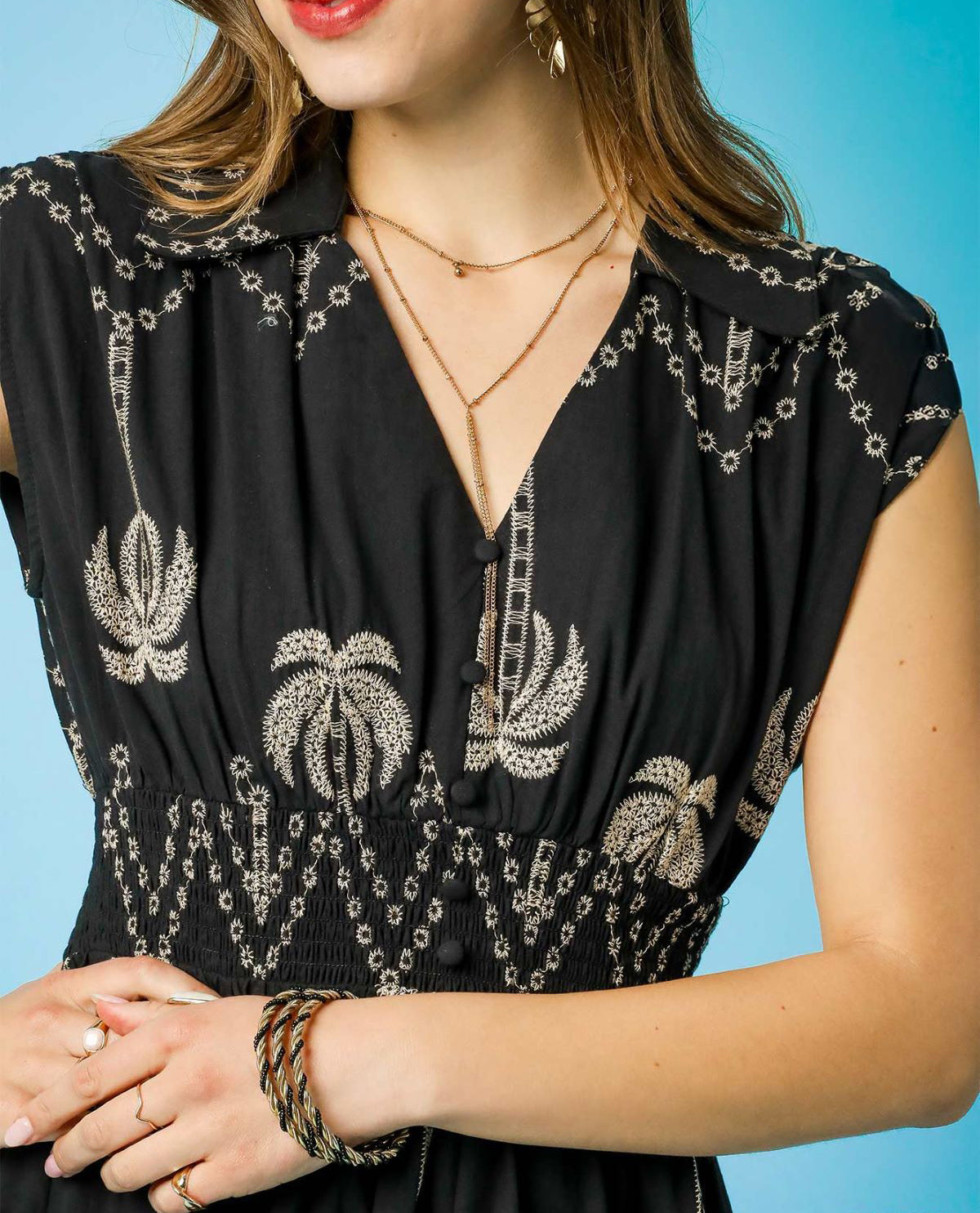 Collar Midi Dress with Palm Trees
