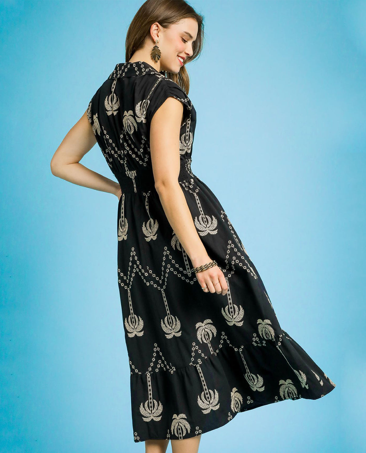 Collar Midi Dress with Palm Trees