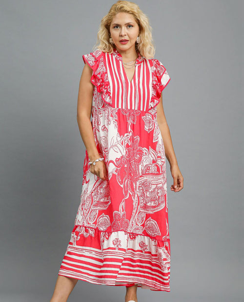 Plus Abstract Print Midi Dress with Ruffle Sleeves
