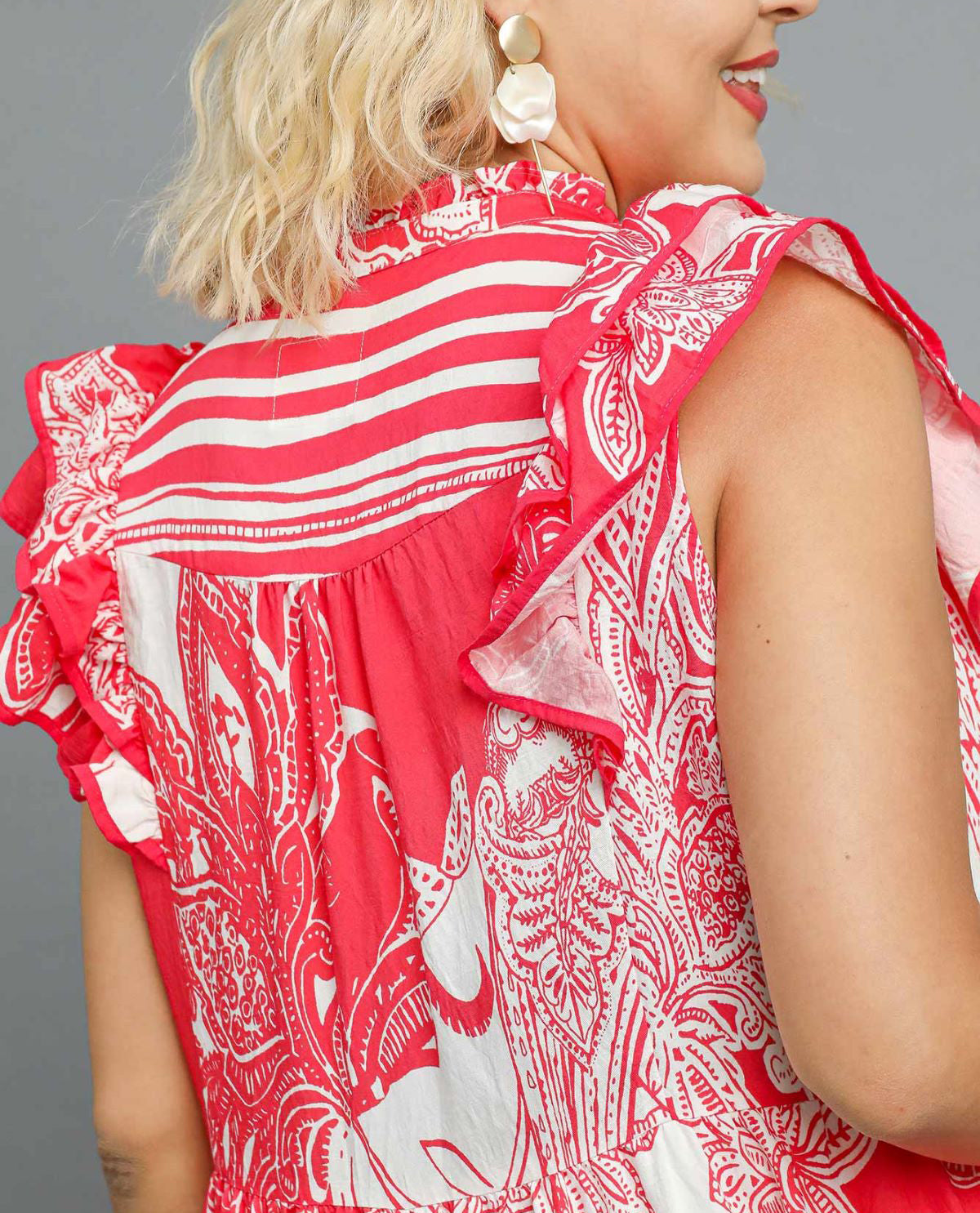 Plus Abstract Print Midi Dress with Ruffle Sleeves