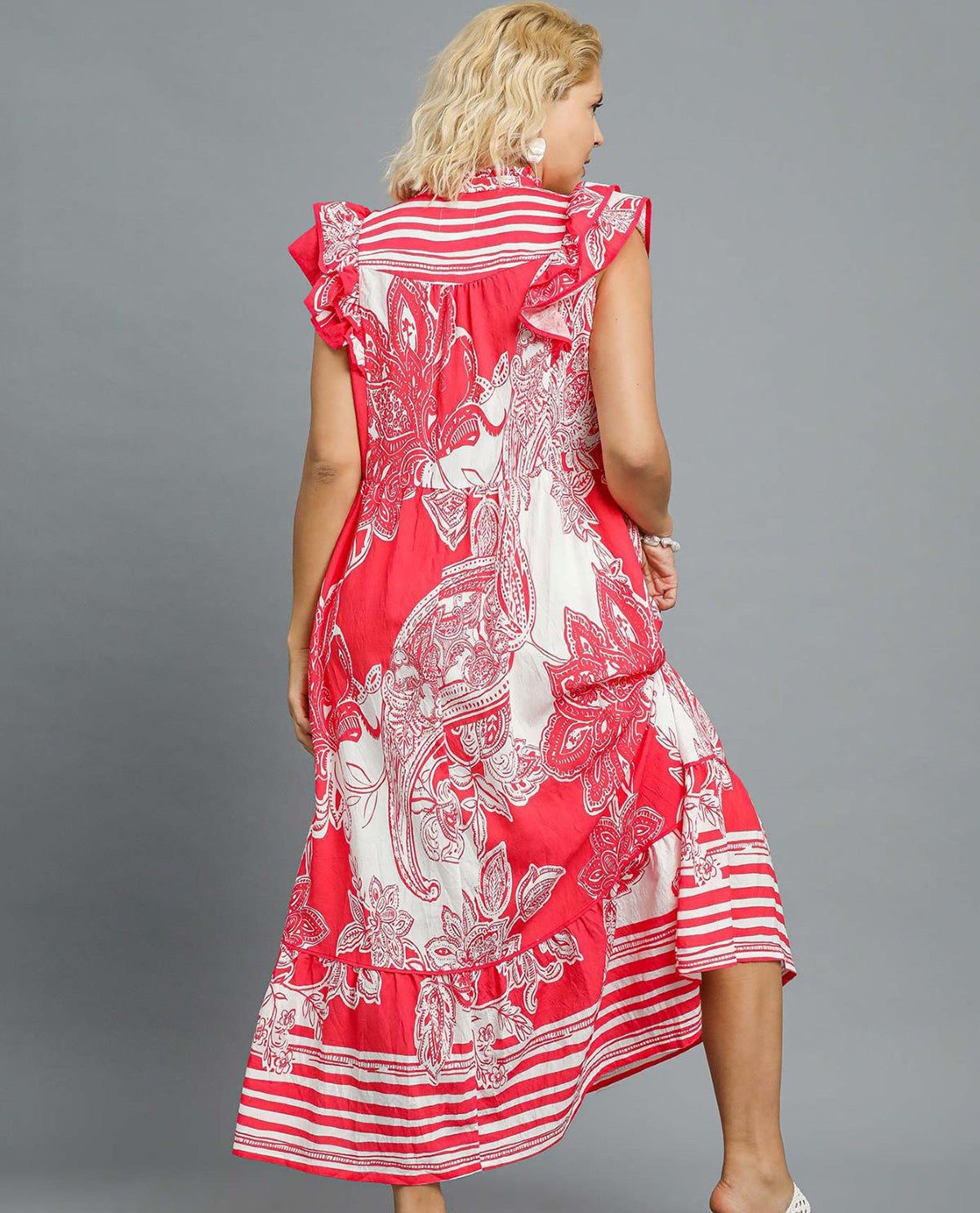 Plus Abstract Print Midi Dress with Ruffle Sleeves