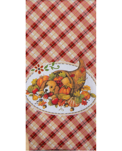 Decorative kitchen towel with cornucopia design featuring a dog, on a red and white checkered background.
