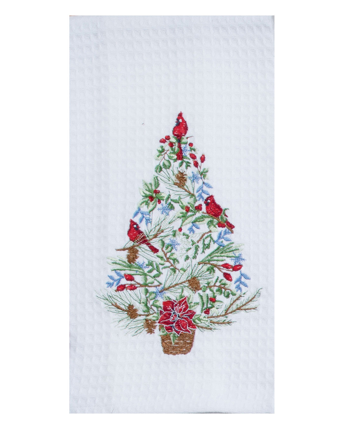Embroidered Christmas tree design on a white towel