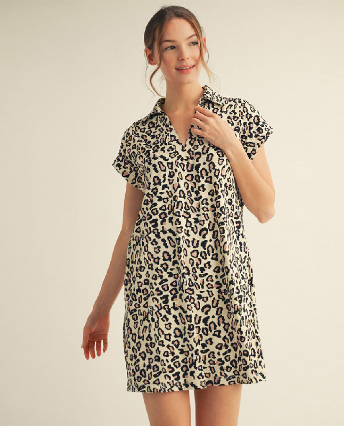 Drop Shoulder Leopard Dress with Side Pockets and V-Neckline