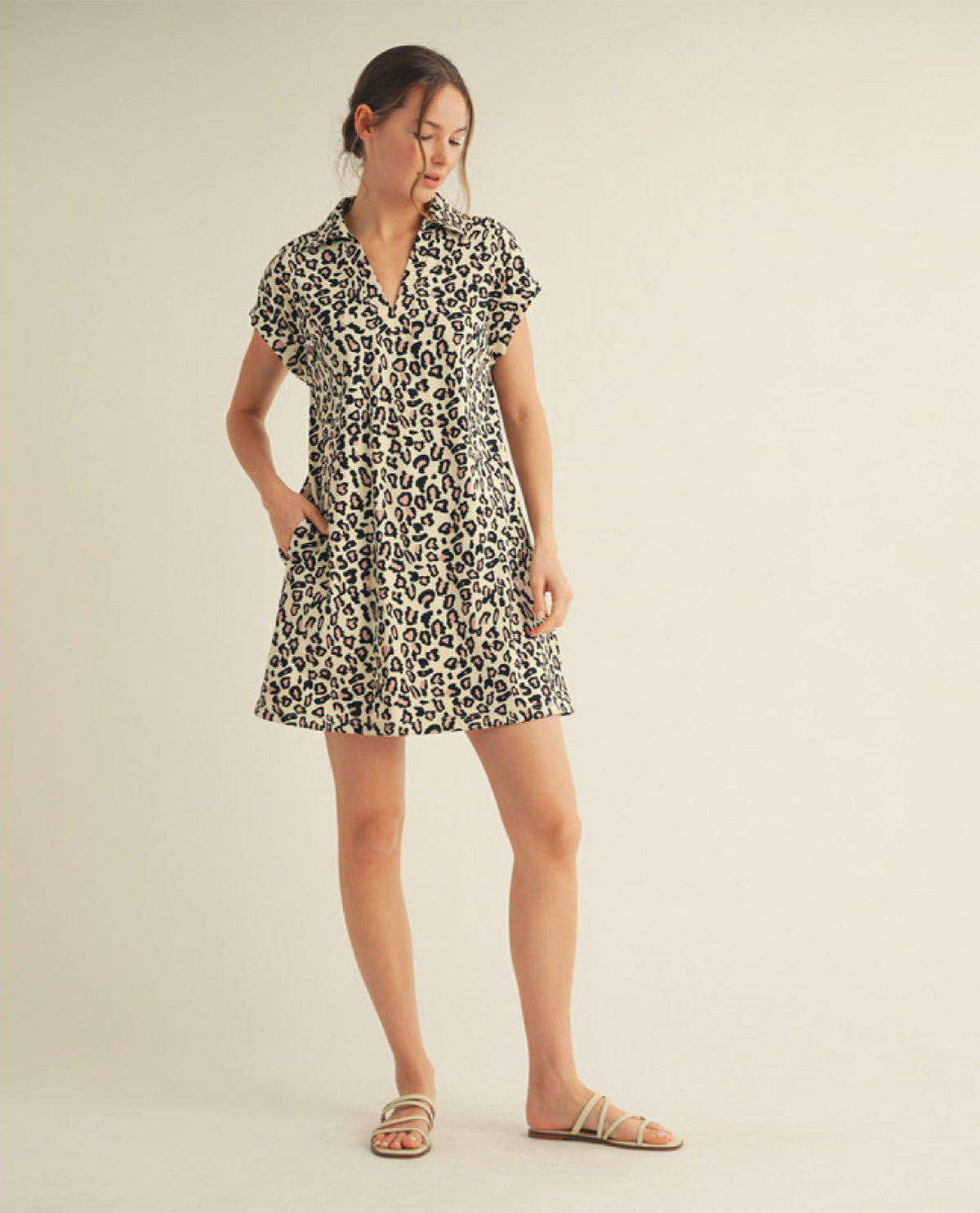 Drop Shoulder Leopard Dress with Side Pockets and V-Neckline