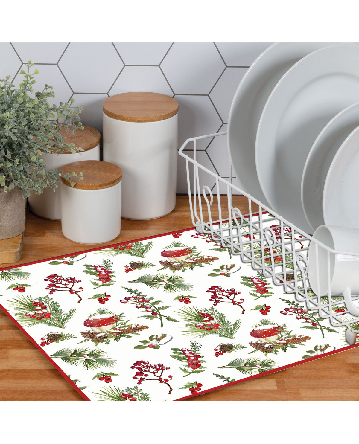 Snow Capped Winter Fungi Kitchen Drying Mat