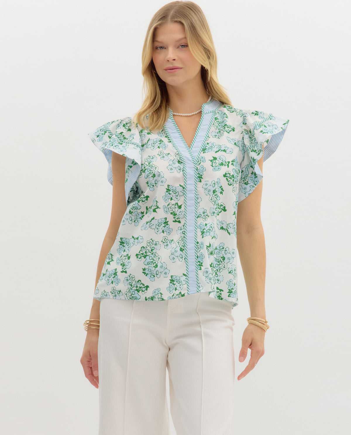 Entro Flutter Sleeve V Neck Print Top