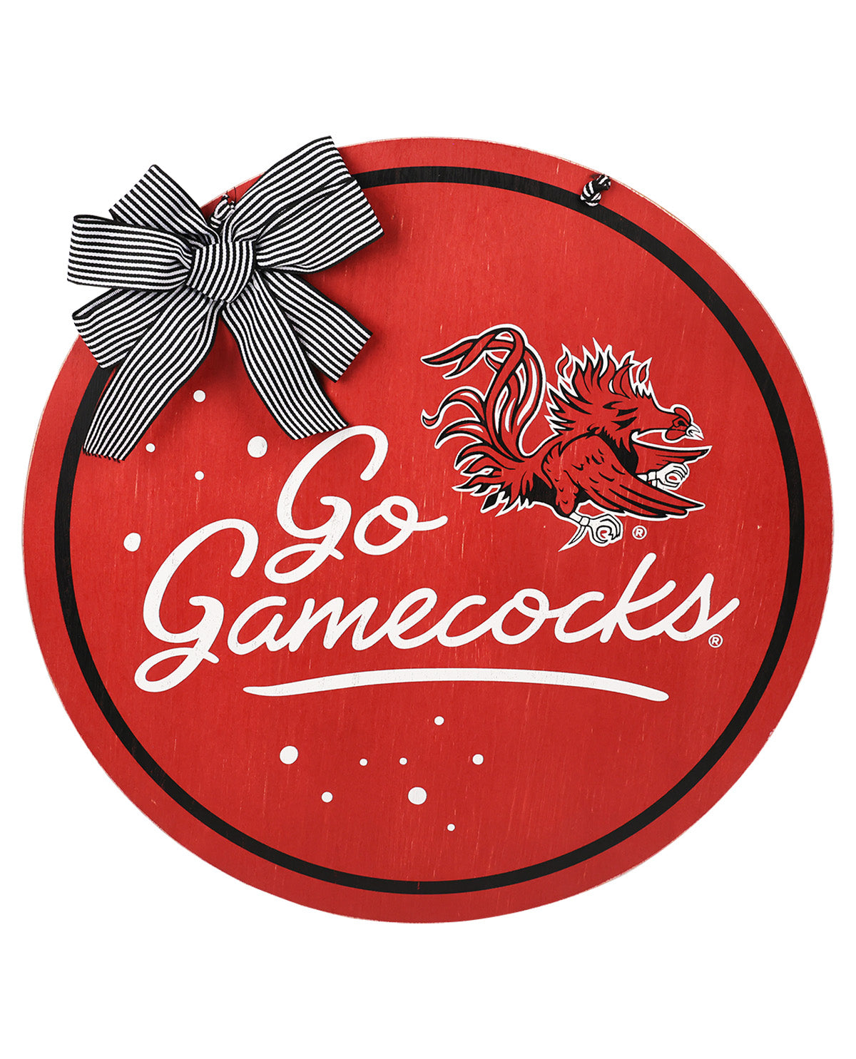 Circular red sign with 'Go Gamecocks' text and gamecock logo, featuring a bow on top.