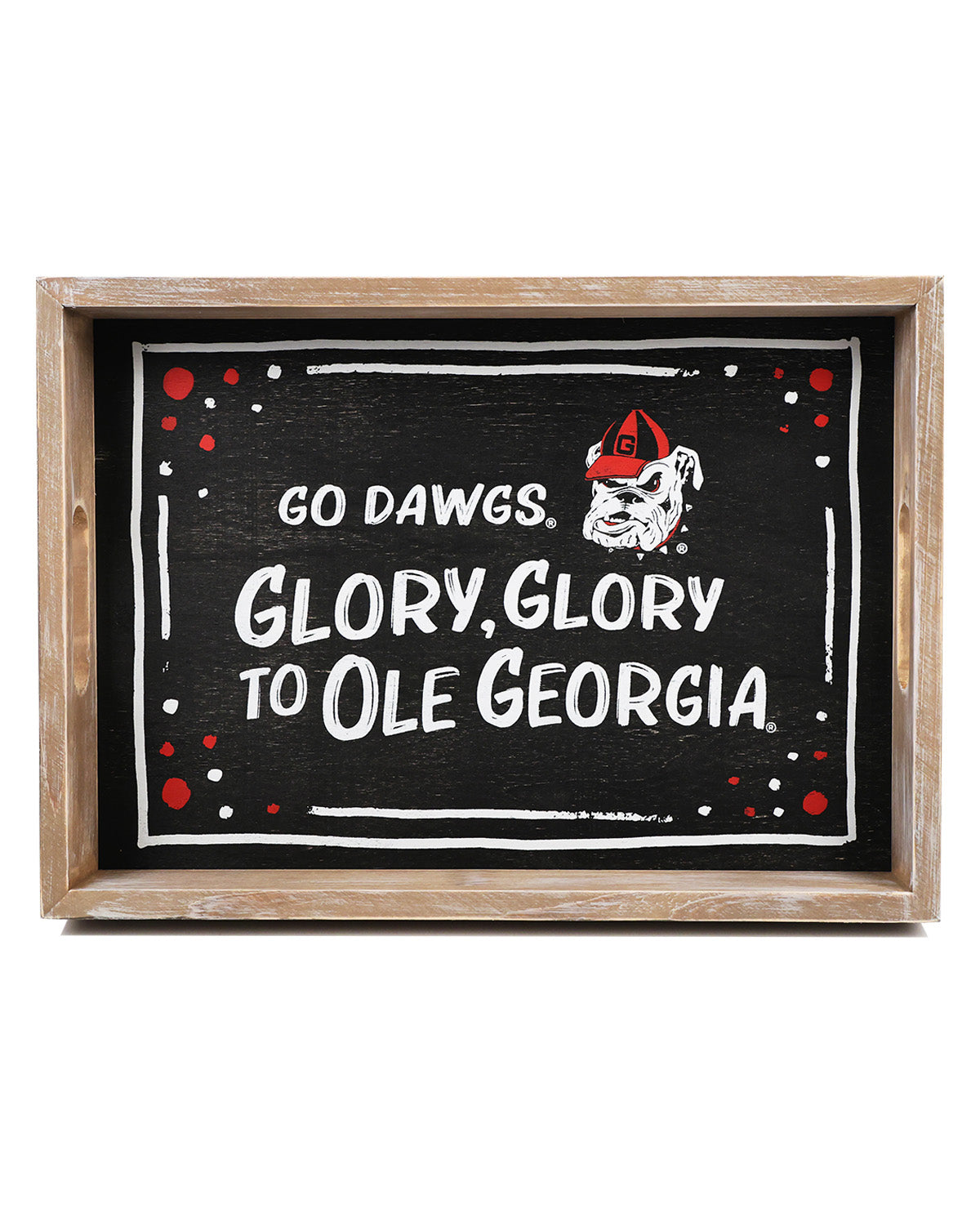 Decorative sign with 'Go Dawgs, Glory, Glory to Ole Georgia' text and bulldog logo in a wooden frame.