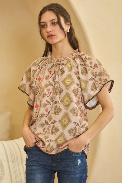 Taupe Aztec Print Top