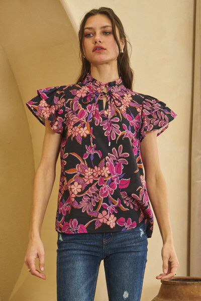 Floral Print Ruffle Sleeve Top with Fashion Keyhole Back
