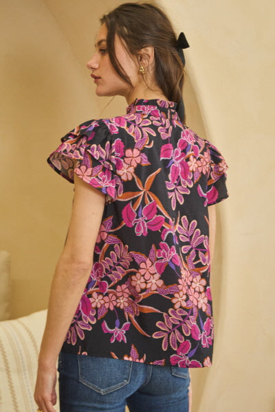 Floral Print Ruffle Sleeve Top with Fashion Keyhole Back