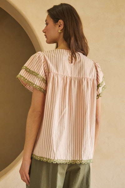 V-Neck Striped Ribbon Top