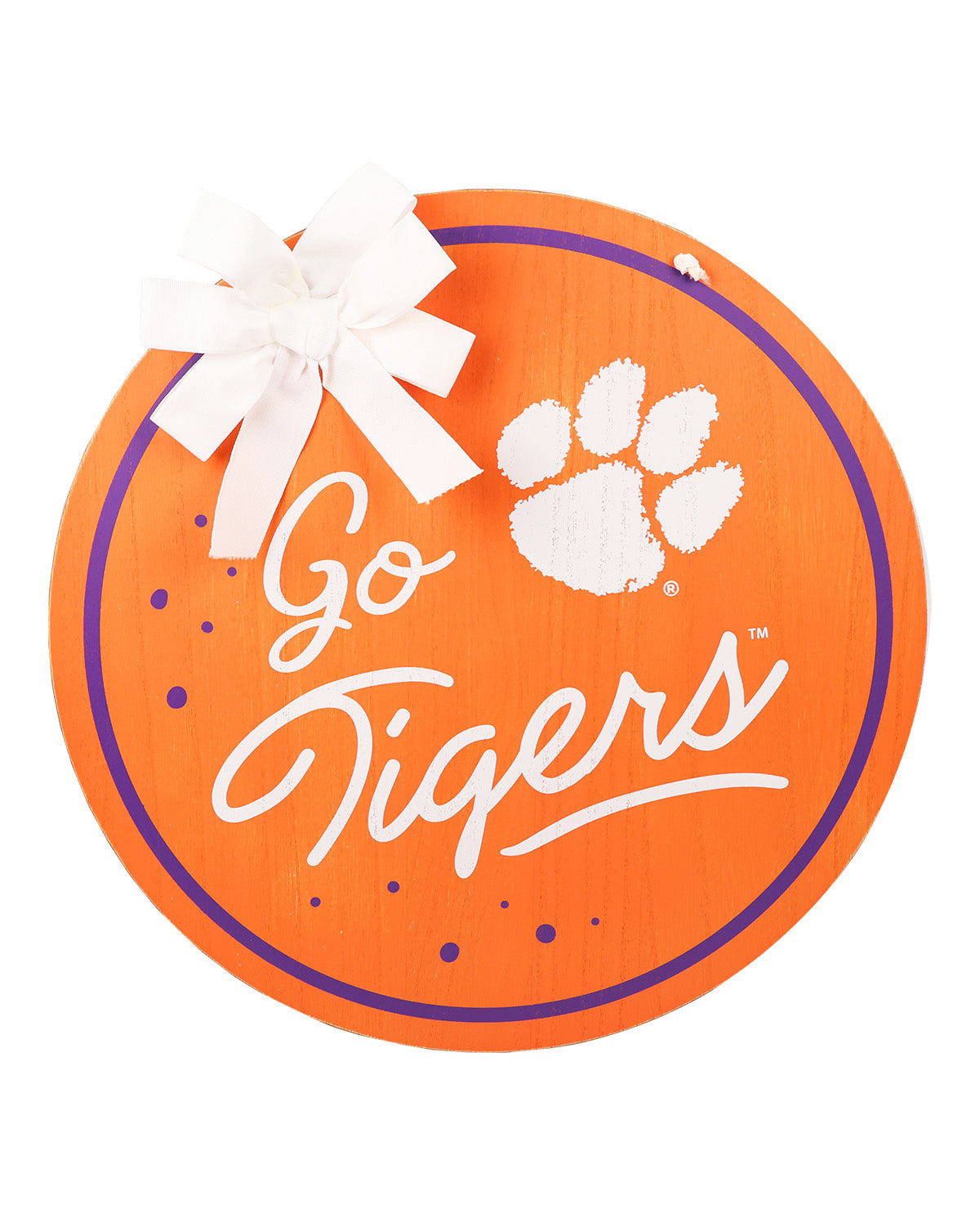 Circular sign with 'Go Tigers' text and paw print, featuring an orange background and white bow.