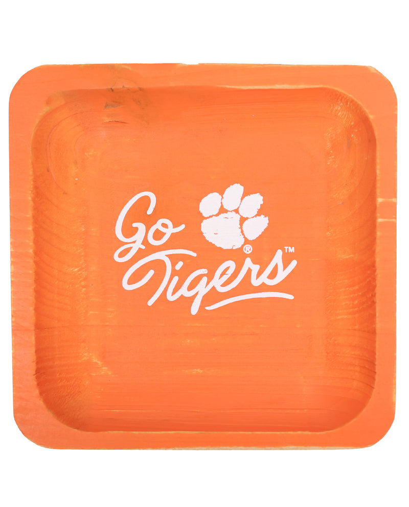 Orange square plate with 'Go Tigers' text and paw print logo on a white background