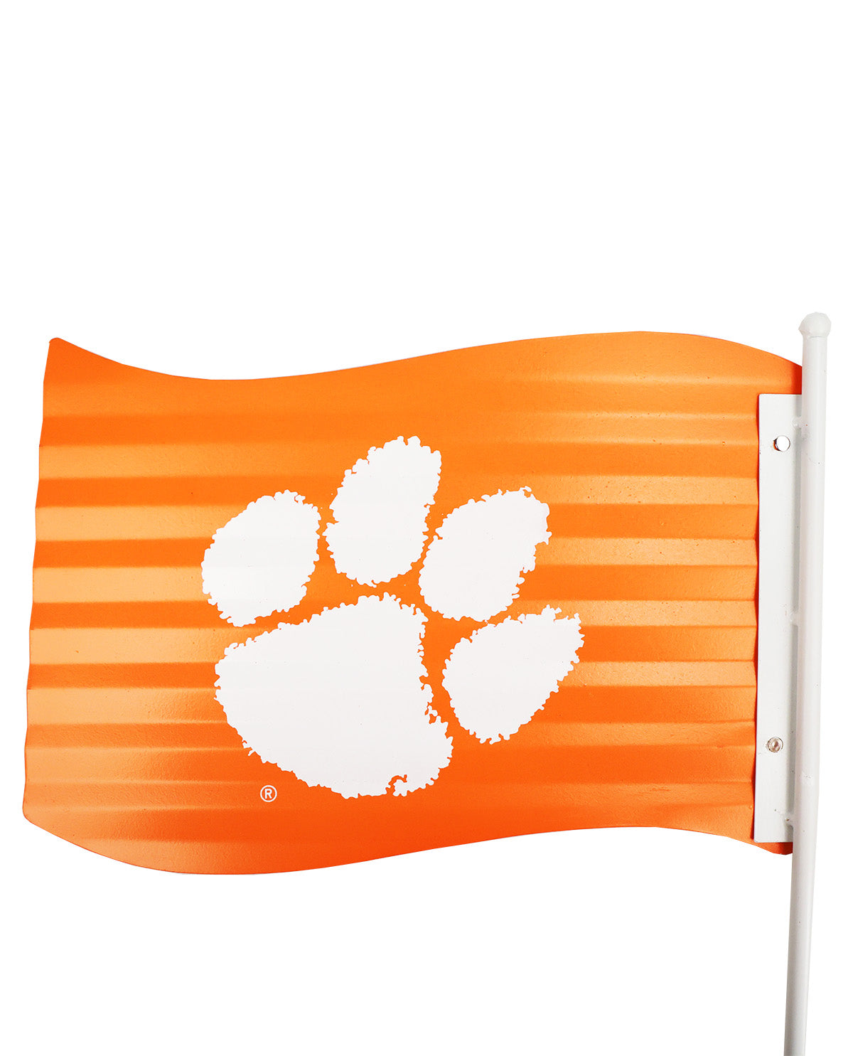 Orange flag with white paw print logo on a white background