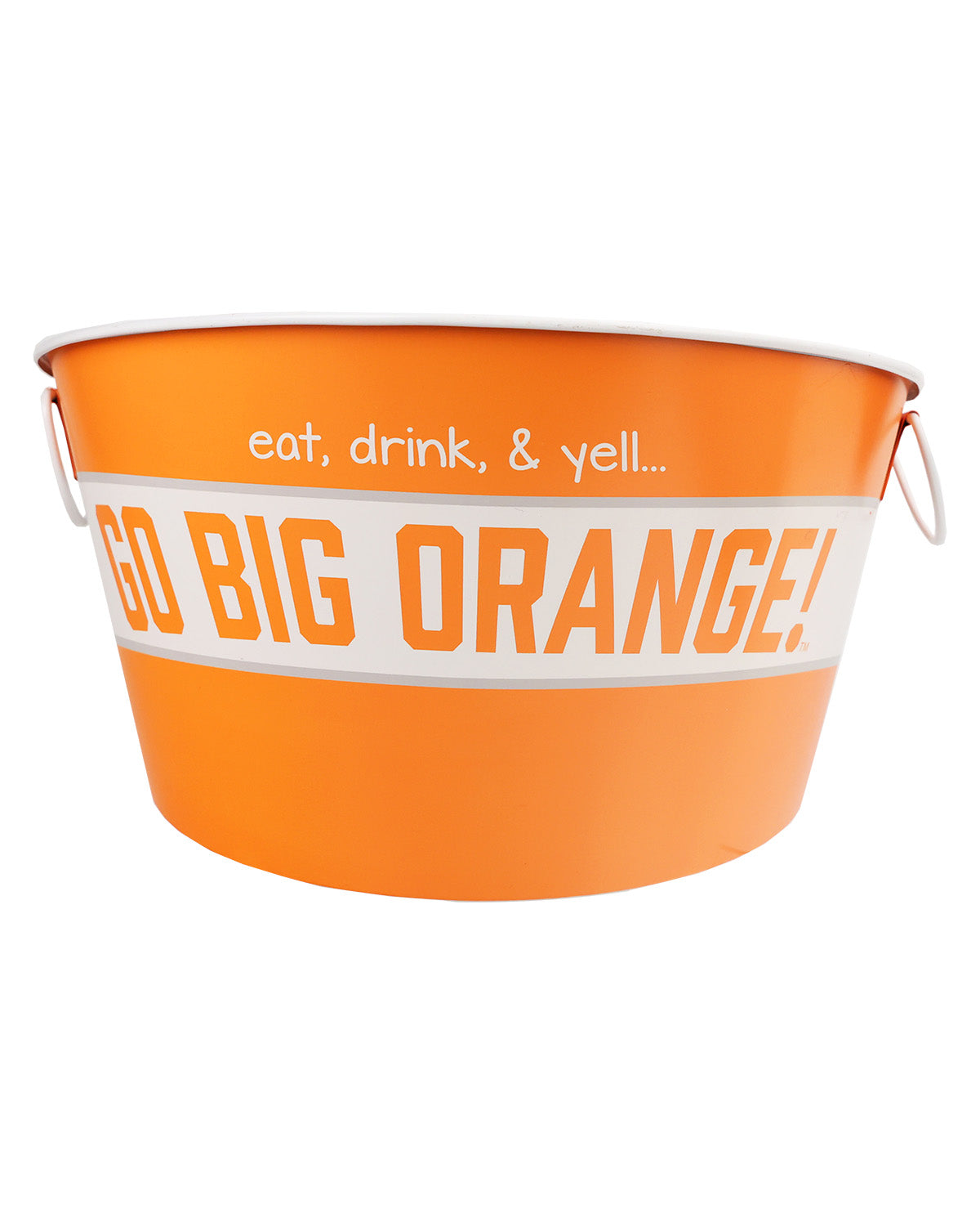 Orange metal bucket with 'GO BIG ORANGE!' text on a white background