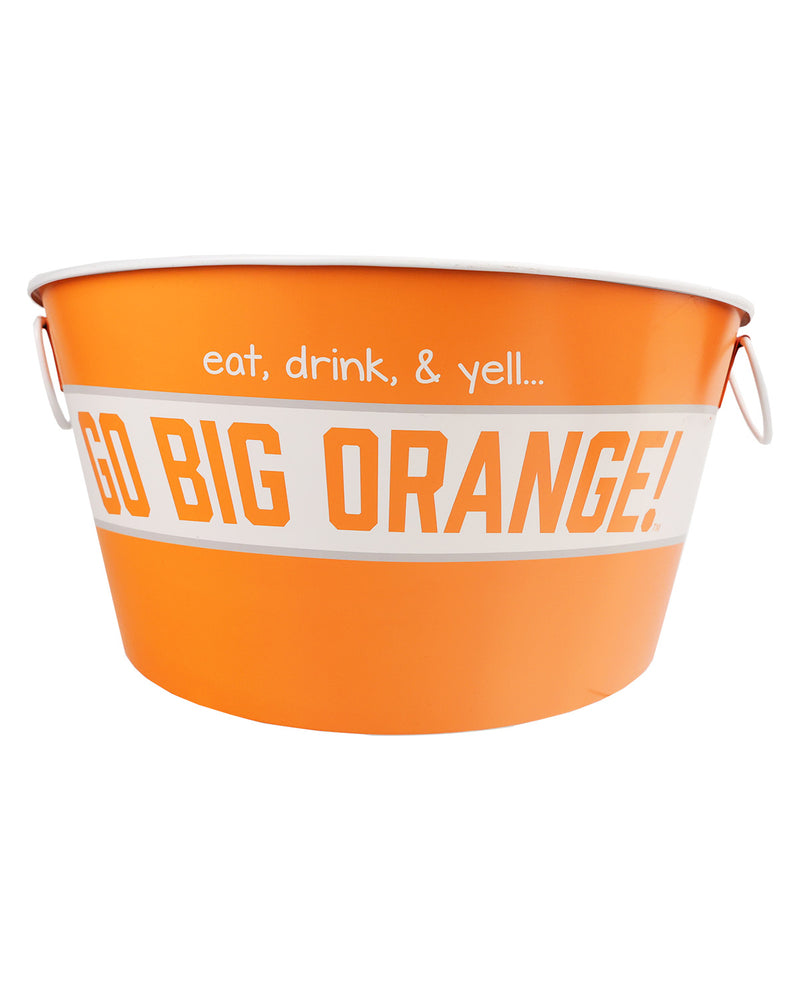 Orange metal bucket with 'GO BIG ORANGE!' text on a white background