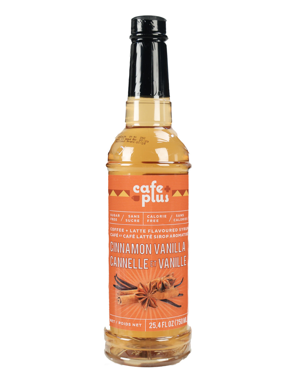 A bottle of Cafe Plus Cinnamon Vanilla flavored syrup on a plain white background. The bottle is filled with amber-colored liquid and features a bright orange label with illustrations of cinnamon sticks and star anise, topped with a black cap.