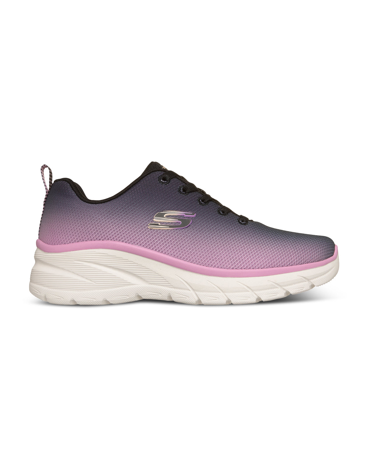 Black and pink sneaker with white sole on a white background