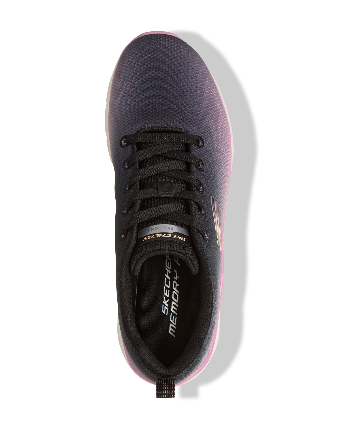 Black and pink sneaker with 'Skechers' branding on a white background