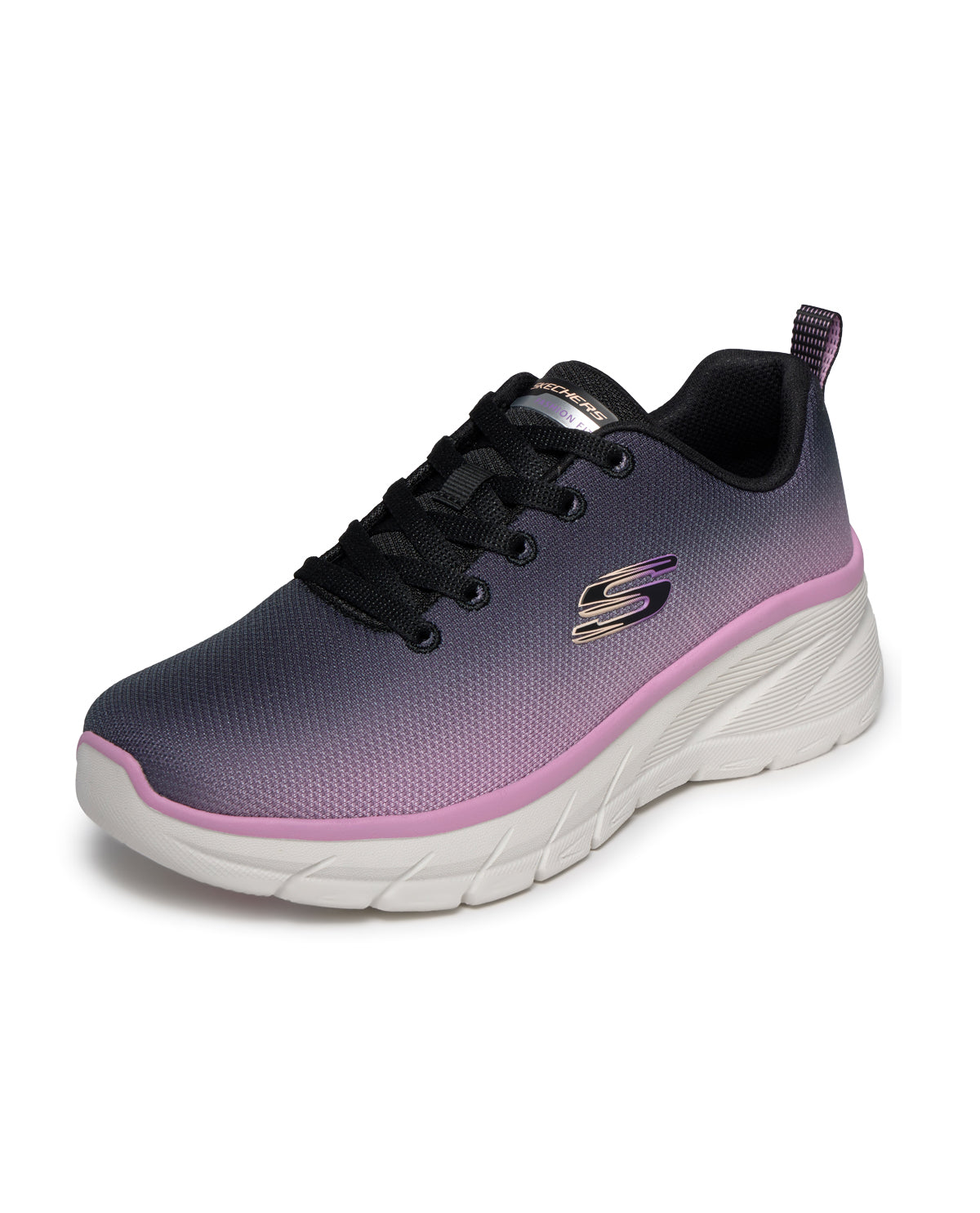 Purple and pink sneaker with black laces on a white background