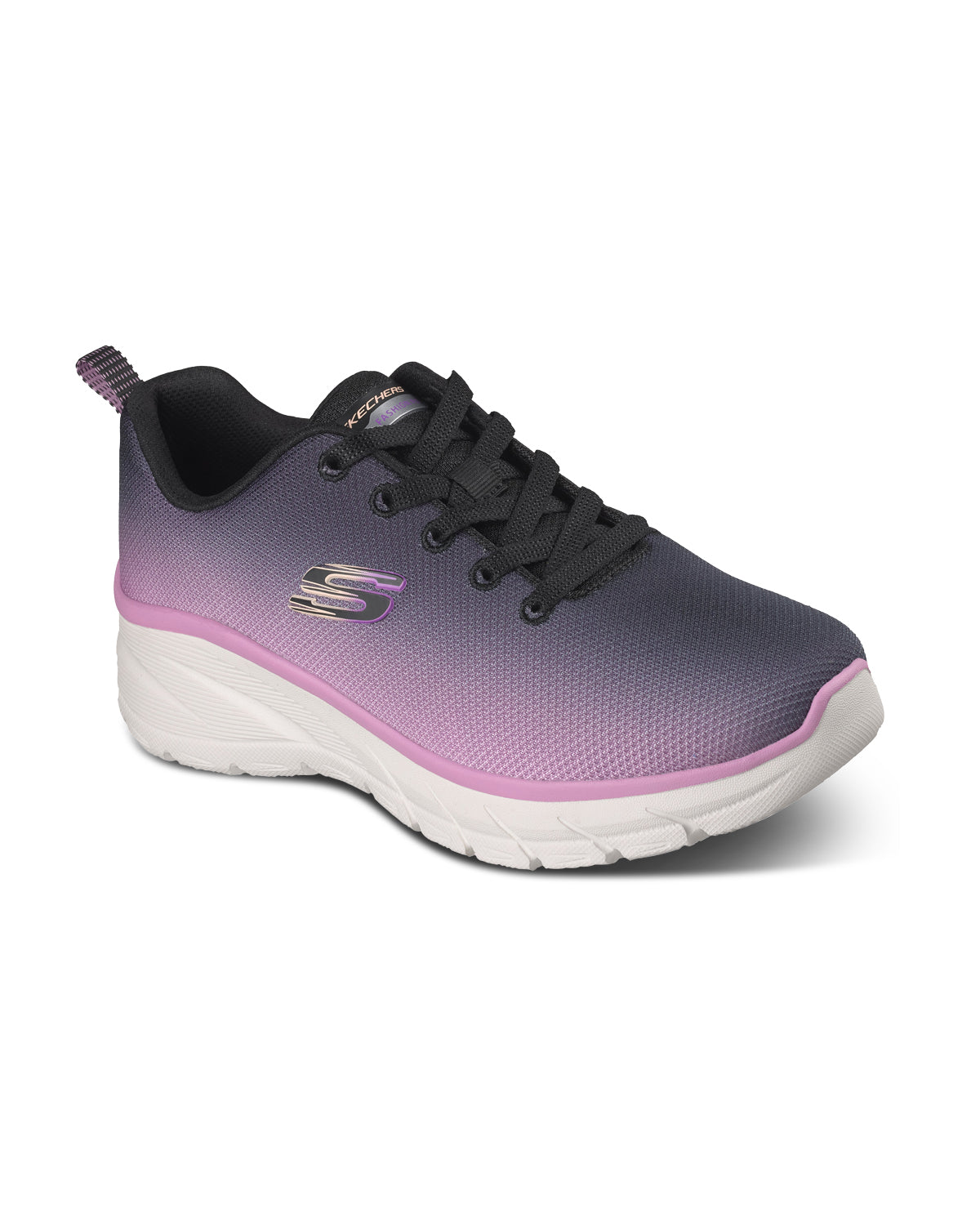 Black and pink sneaker with white sole on a white background