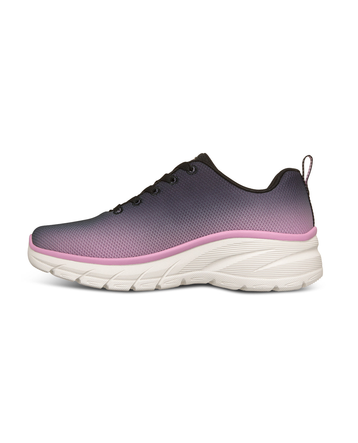 Black and pink sneaker with white sole on a white background