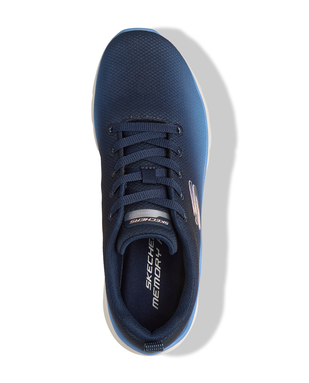 Navy blue sneaker with white sole on a white background