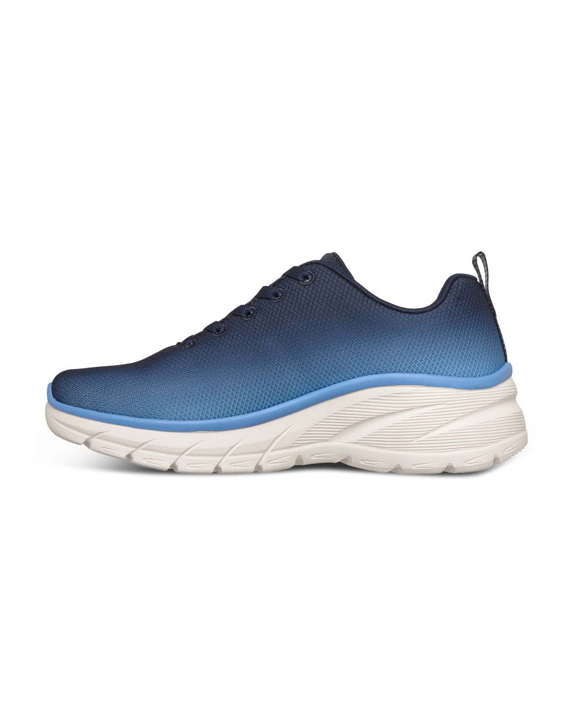 Blue athletic shoe with white sole on a white background