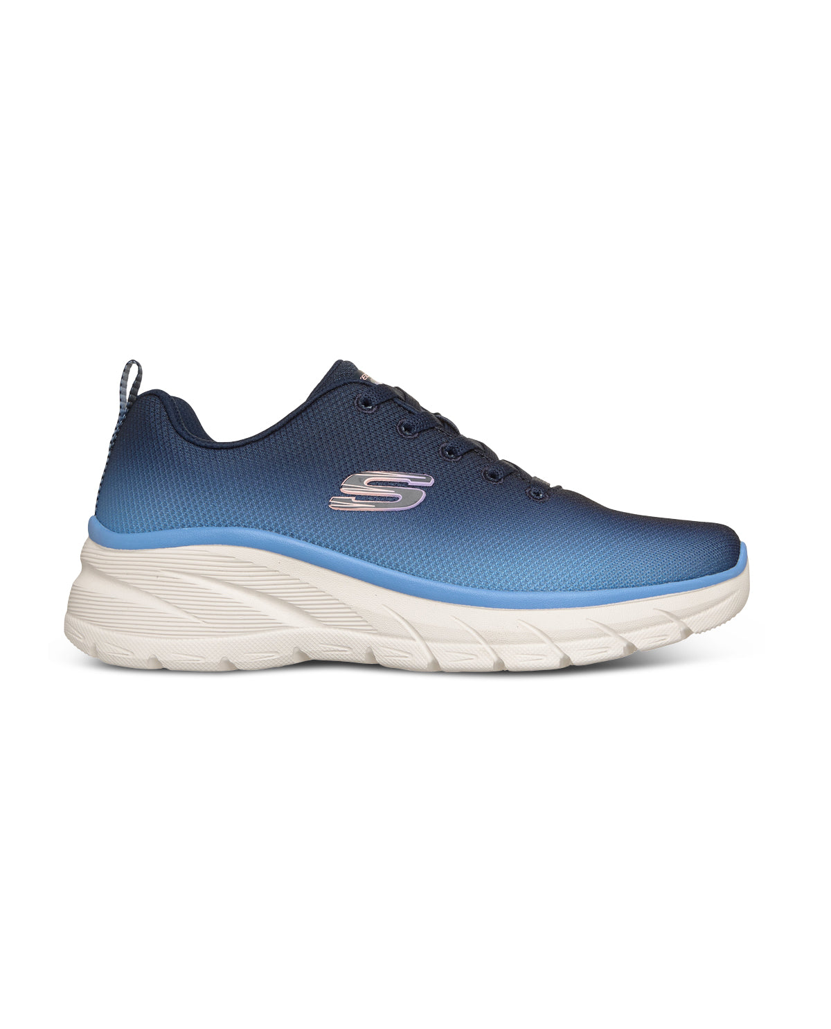 Blue athletic shoe with white sole on a white background