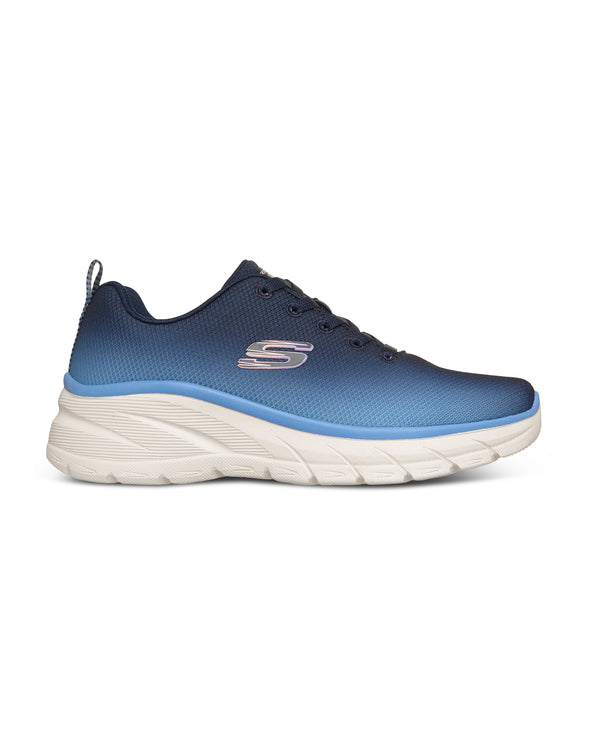 Blue athletic shoe with white sole on a white background