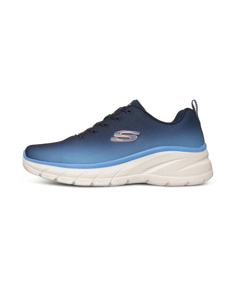 A Skechers athletic sneaker in a blue gradient design with a thick cream-colored sole, shown from the side against a plain white background.