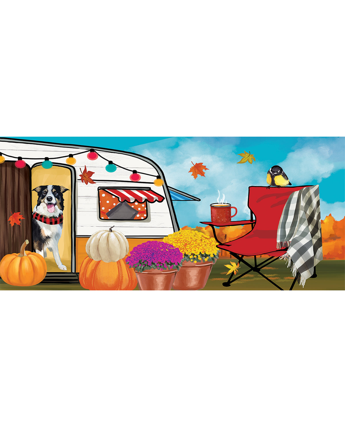 A colorful illustrated outdoor scene with a white camper trailer, a dog standing in the doorway, string lights, autumn leaves, pumpkins, flowers, a red folding chair, and a bird on a blanket.