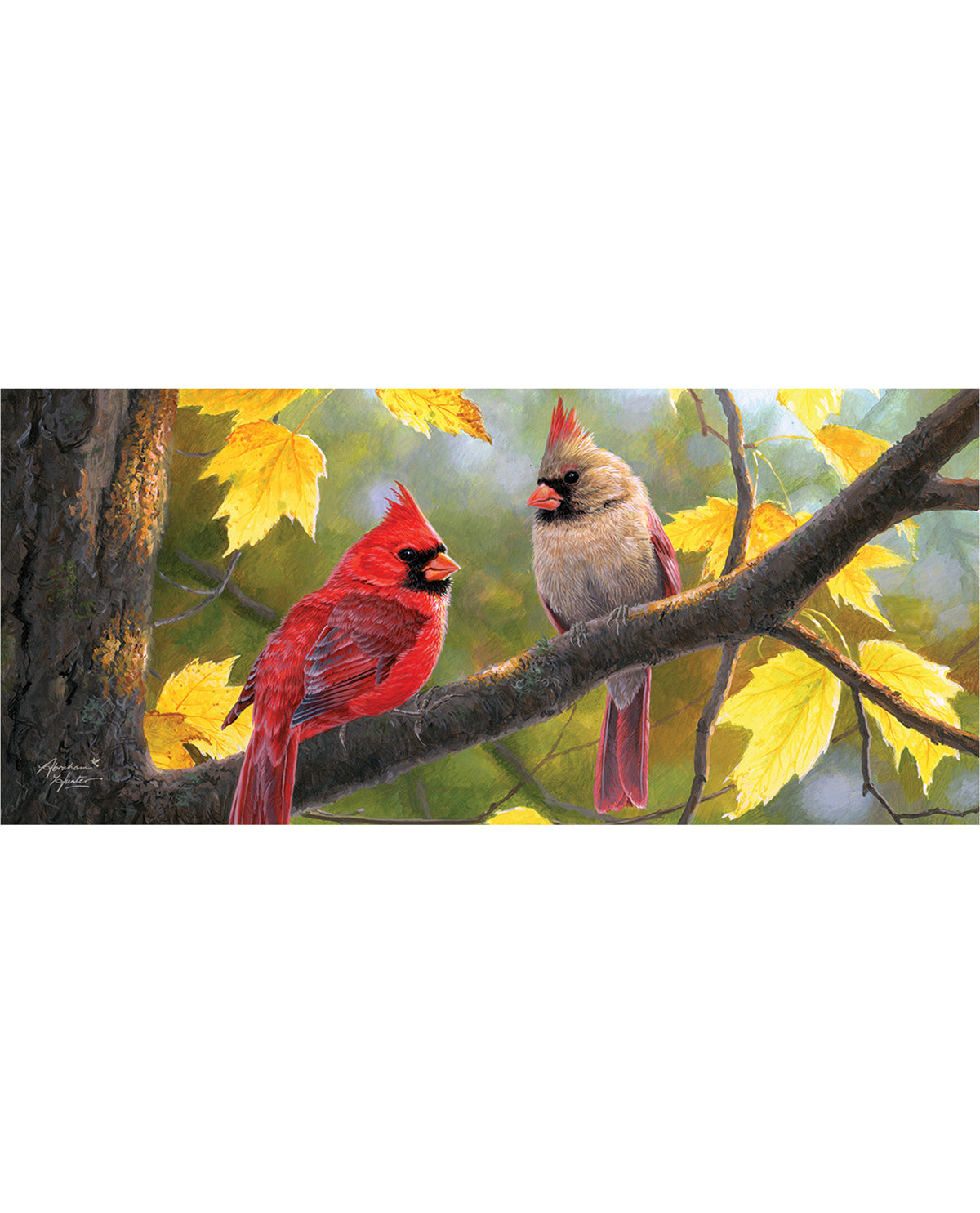 Two red cardinals on a branch with yellow leaves
