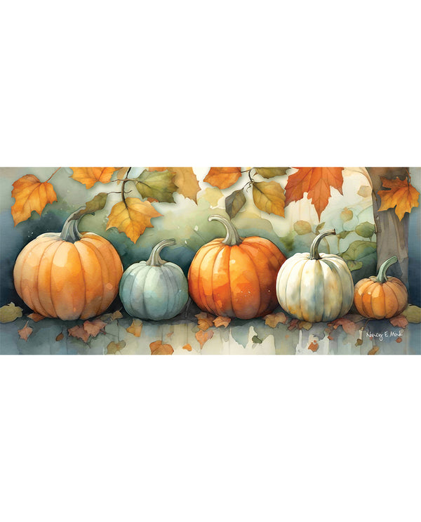 A horizontal watercolor-style painting showing a row of pumpkins in orange, blue, and cream tones beneath autumn leaves, with a muted blue-gray background.