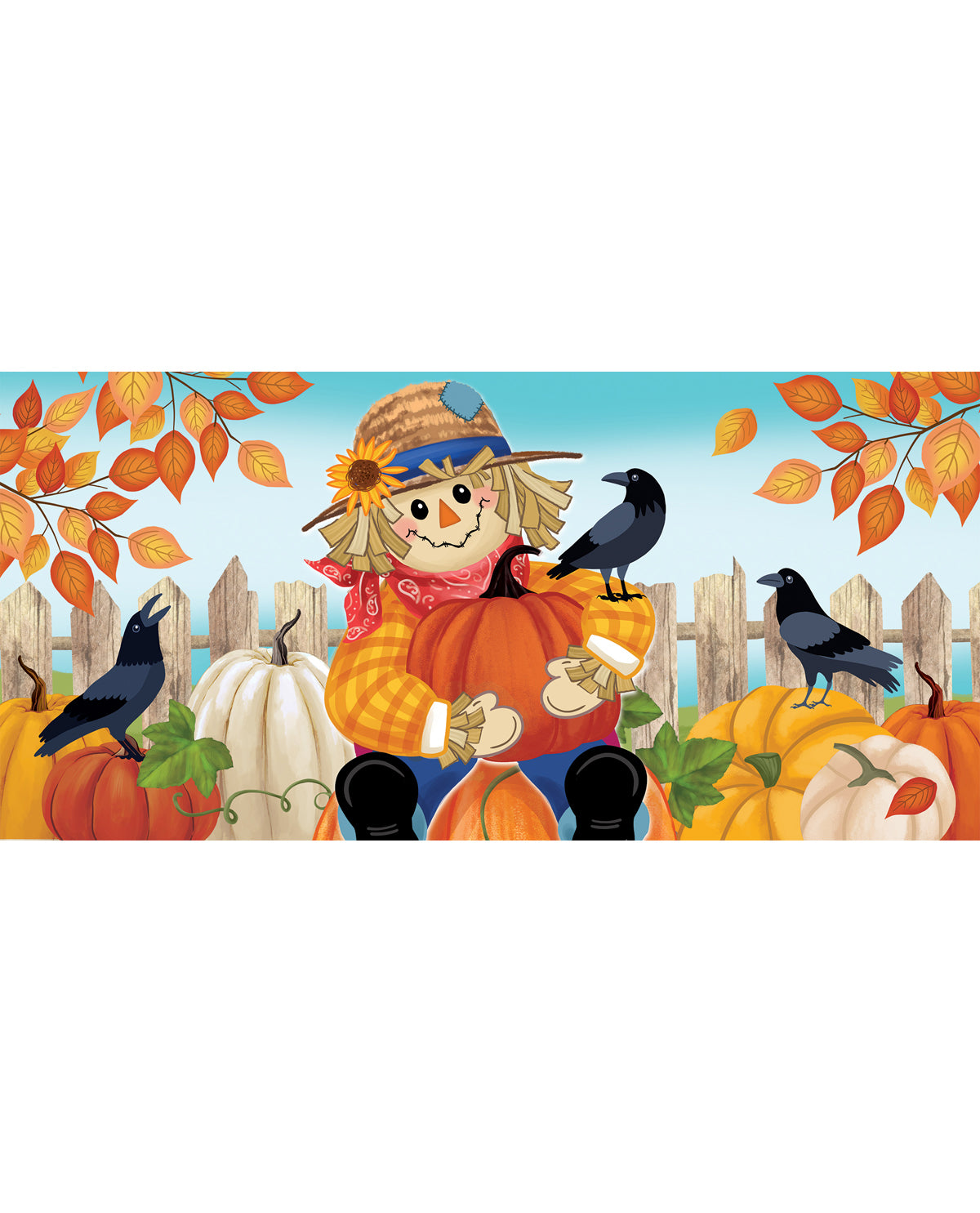 Scarecrow with pumpkins and autumn leaves on a blue background