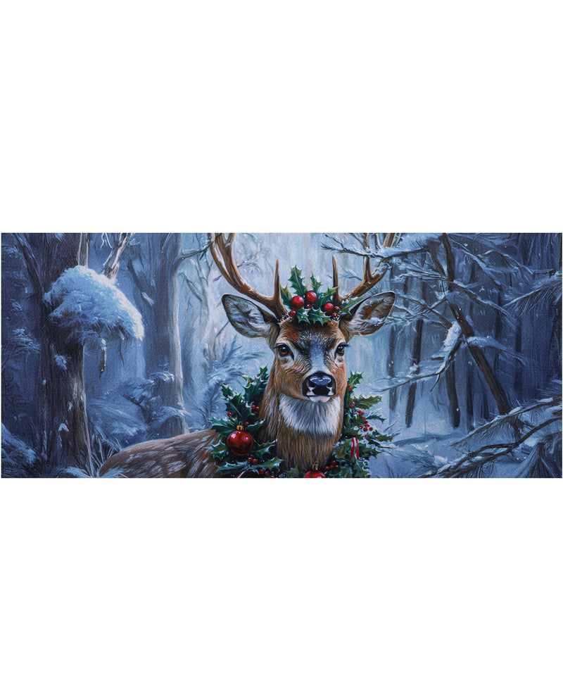 A festive winter forest painting featuring a deer with antlers wearing a green holly wreath with red berries, set against a snowy blue-toned woodland background.