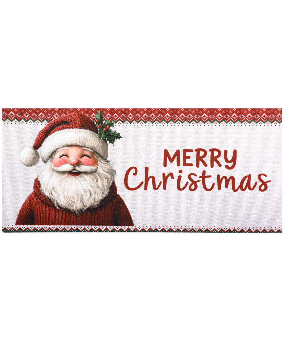 A rectangular Christmas-themed sign or print featuring a smiling Santa Claus on the left and the words “MERRY Christmas” in red script on the right, with a red-and-white patterned border at the top and bottom.