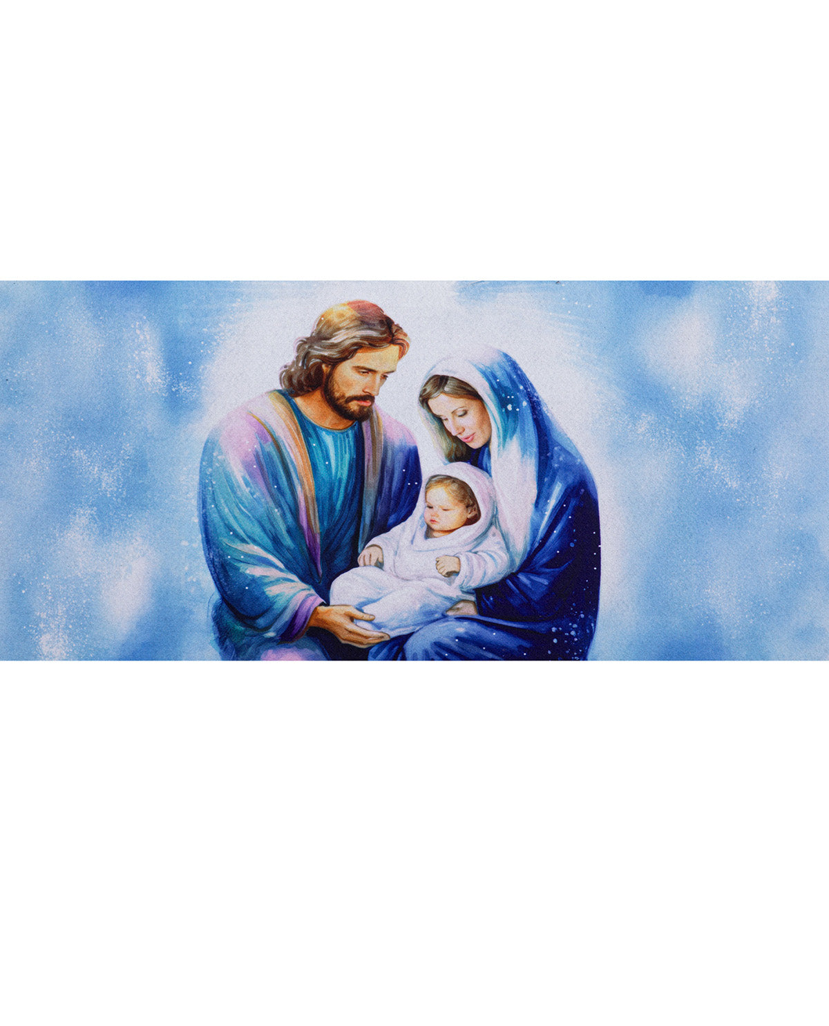 A horizontal canvas-style print depicting the Holy Family: Jesus in a blue robe holding the baby Jesus, Mary in a dark blue veil, and Joseph looking on, set against a soft blue cloudy background.