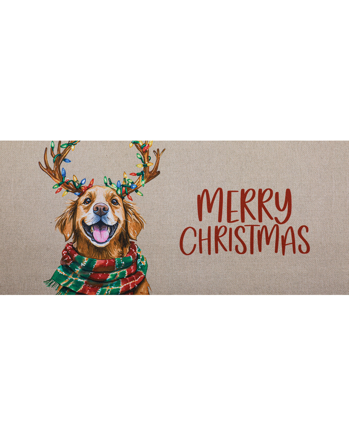 A rectangular holiday sign or print with a tan textured background, featuring a golden retriever wearing colorful Christmas lights on its antlers and a red, green, and white plaid scarf. To the right, the words 'MERRY CHRISTMAS' are written in a dark red handwritten-style font.