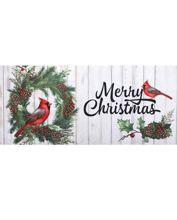 A rectangular holiday sign with a white wood-plank background, featuring a green wreath with red cardinals, pinecones, holly leaves, and the words “Merry Christmas” in black script.