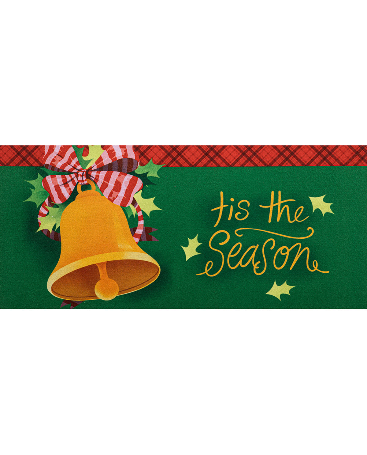 A festive Christmas banner or sign with a large gold bell, red and white striped bow, green holly leaves, and yellow script text reading 'tis the Season' on a dark green background.