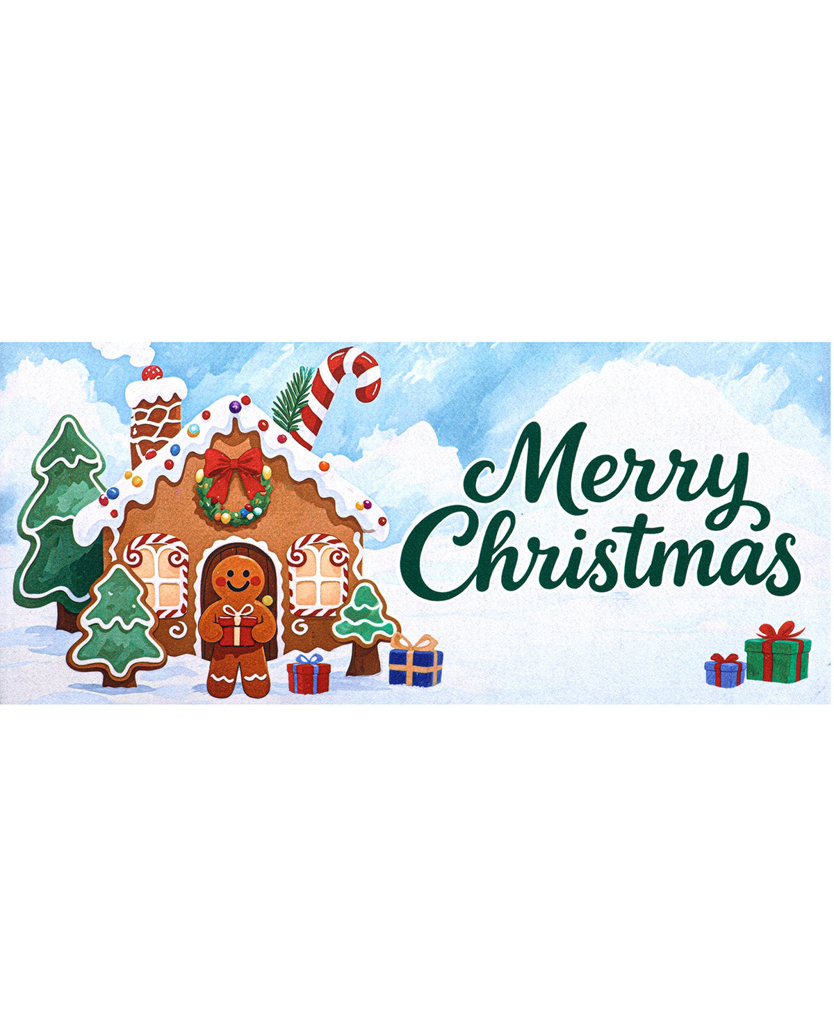 A festive Christmas banner design featuring a gingerbread house with a smiling gingerbread man, decorated trees, candy canes, and wrapped gifts on the left, alongside the text 'Merry Christmas' in dark green script on the right, all set against a snowy blue and white background.