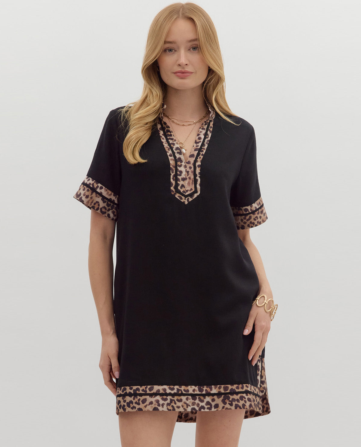 Animal Trim V Neck Dress