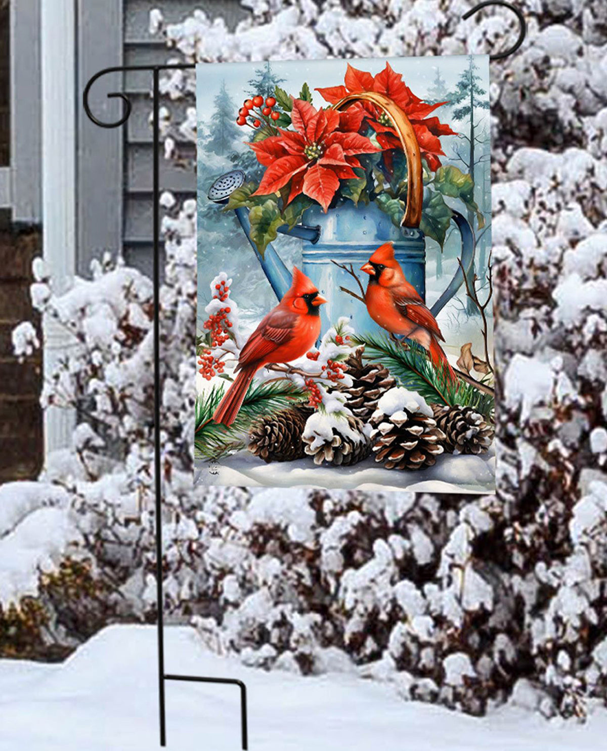 Winter Watering Can & Cardinals Garden Flag