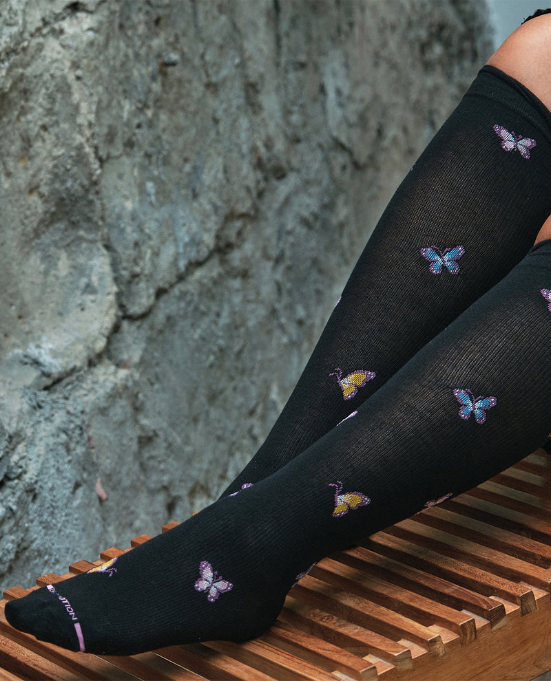 Dr. Motion Butterflies Knee High Compression Socks Black
